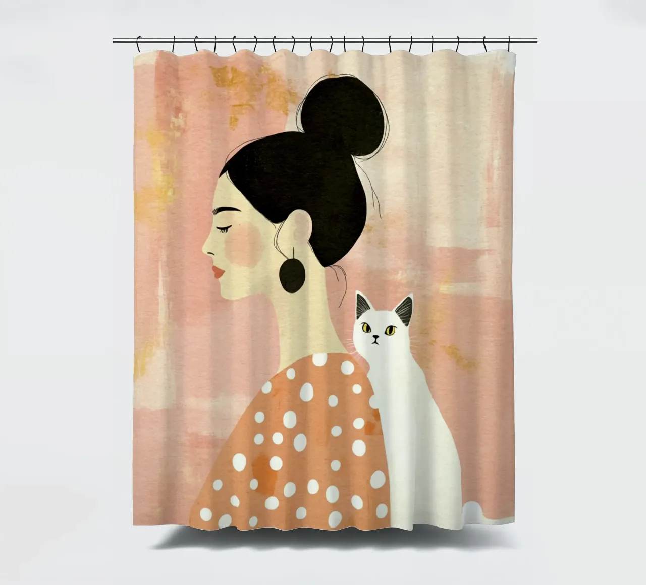 Whimsical Mid-Century Black-Haired Girl with White Cat shower curtain by Modern Muse