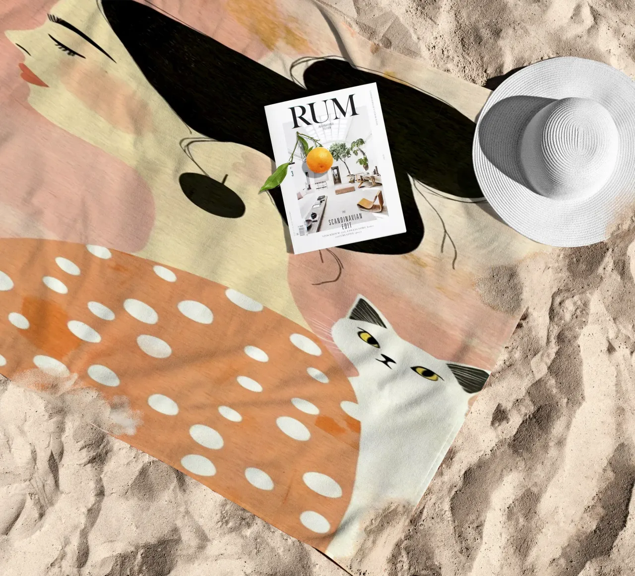 Whimsical Mid-Century Black-Haired Girl with White Cat beach towel by Modern Muse