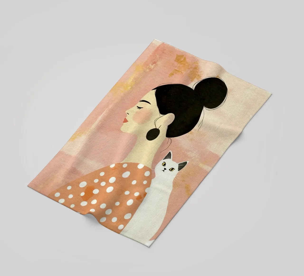 Whimsical Mid-Century Black-Haired Girl with White Cat beach towel by Modern Muse