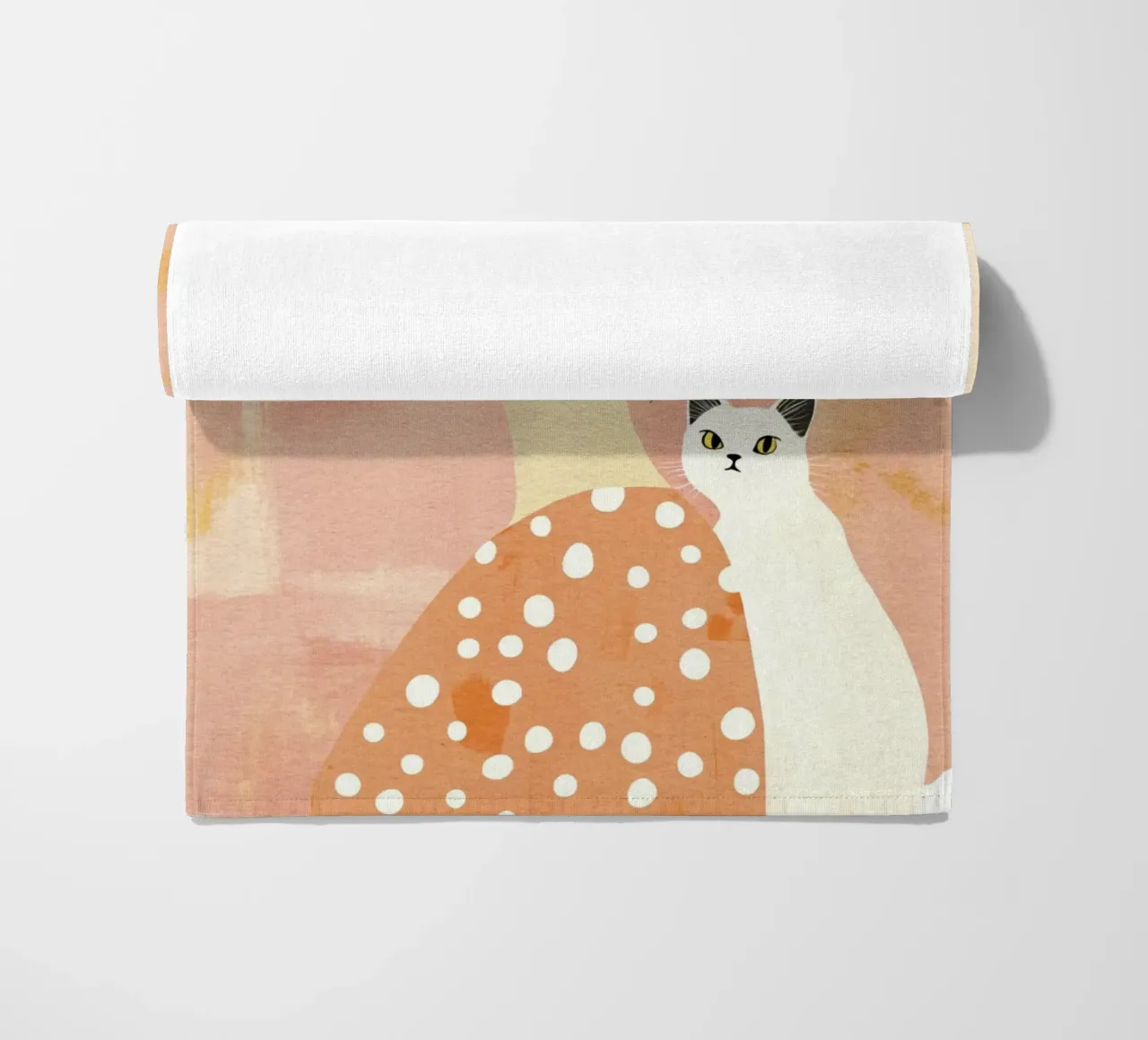 Whimsical Mid-Century Black-Haired Girl with White Cat beach towel by Modern Muse