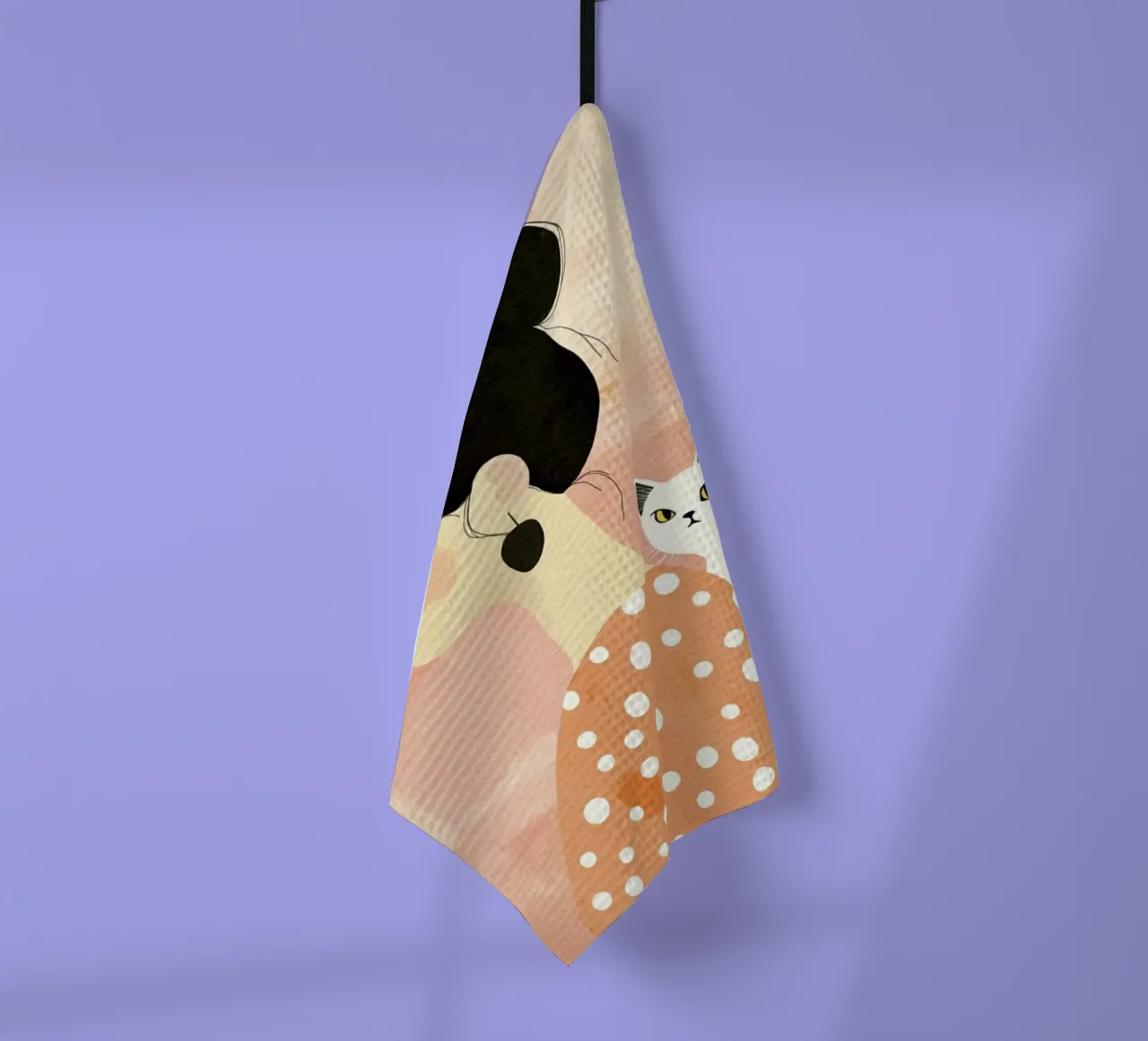 Whimsical Mid-Century Black-Haired Girl with White Cat tea towel by Modern Muse