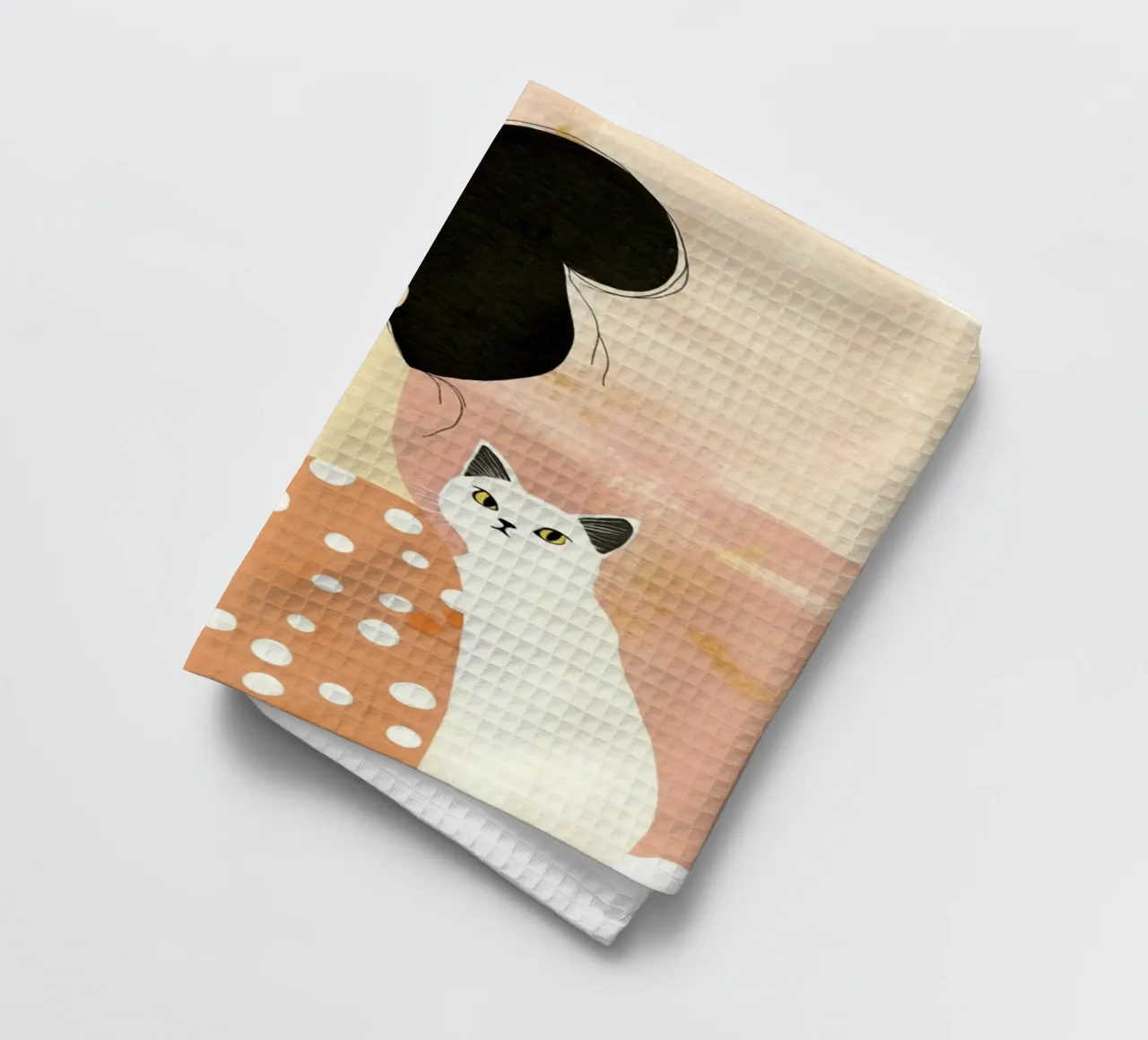 Whimsical Mid-Century Black-Haired Girl with White Cat tea towel by Modern Muse