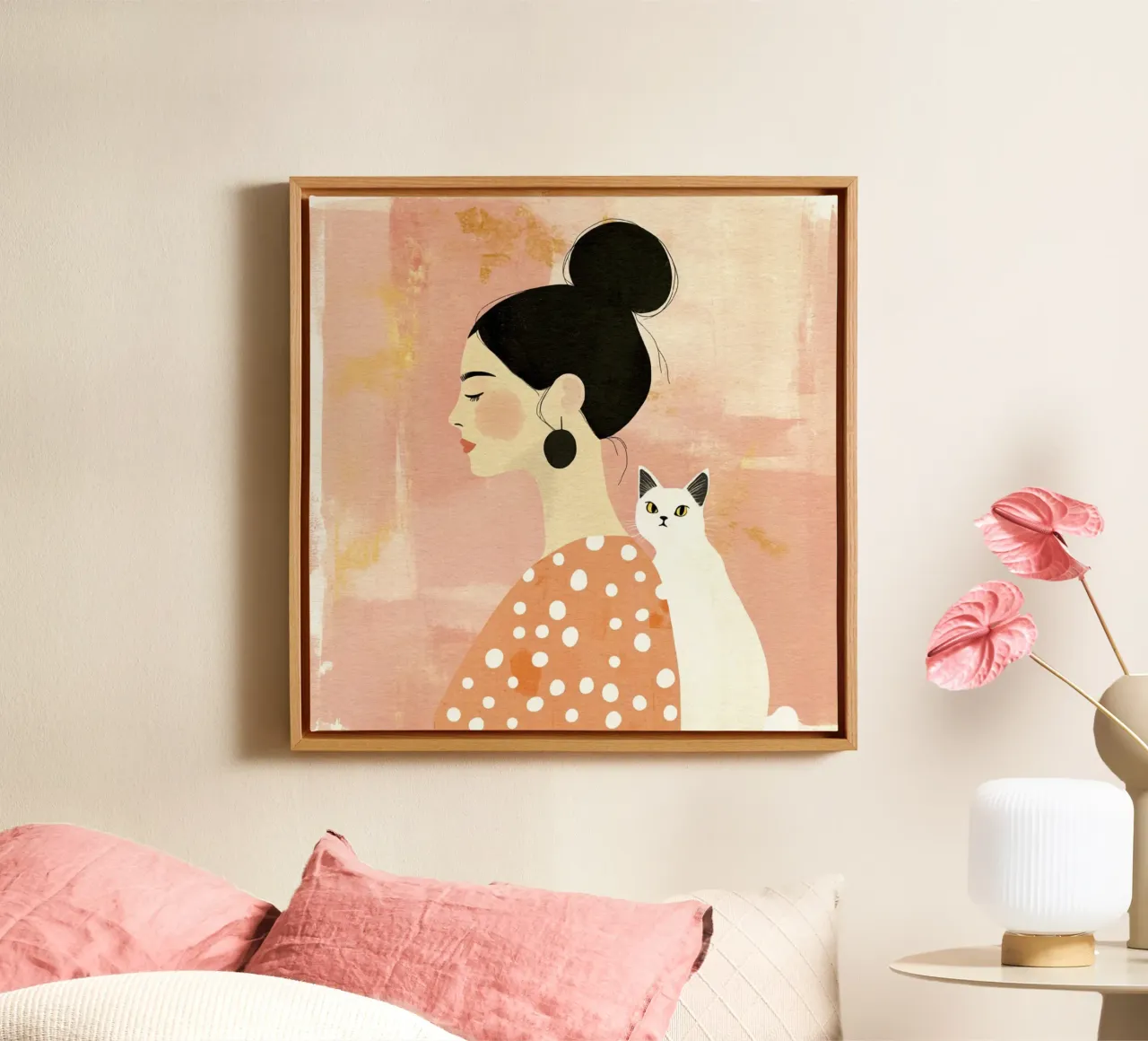 Whimsical Mid-Century Black-Haired Girl with White Cat canvas by Modern Muse