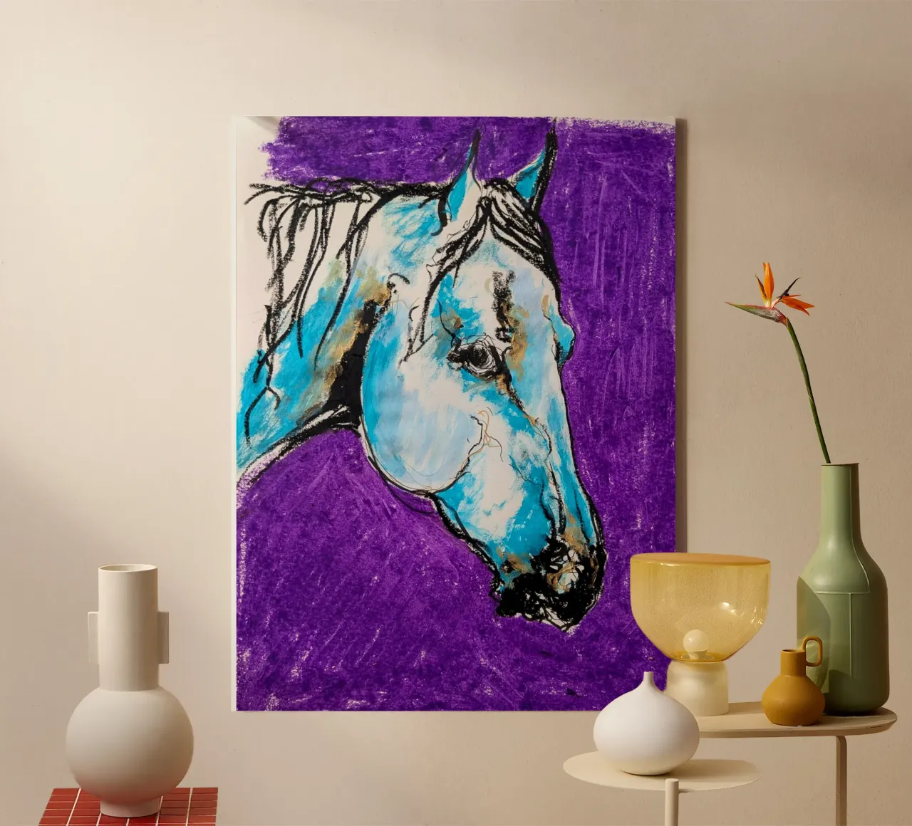 PFERD AUF VIOLETTEM HINTERGRUND Leinwand mit Schattenfugenrahmen von Bénédicte Berthod