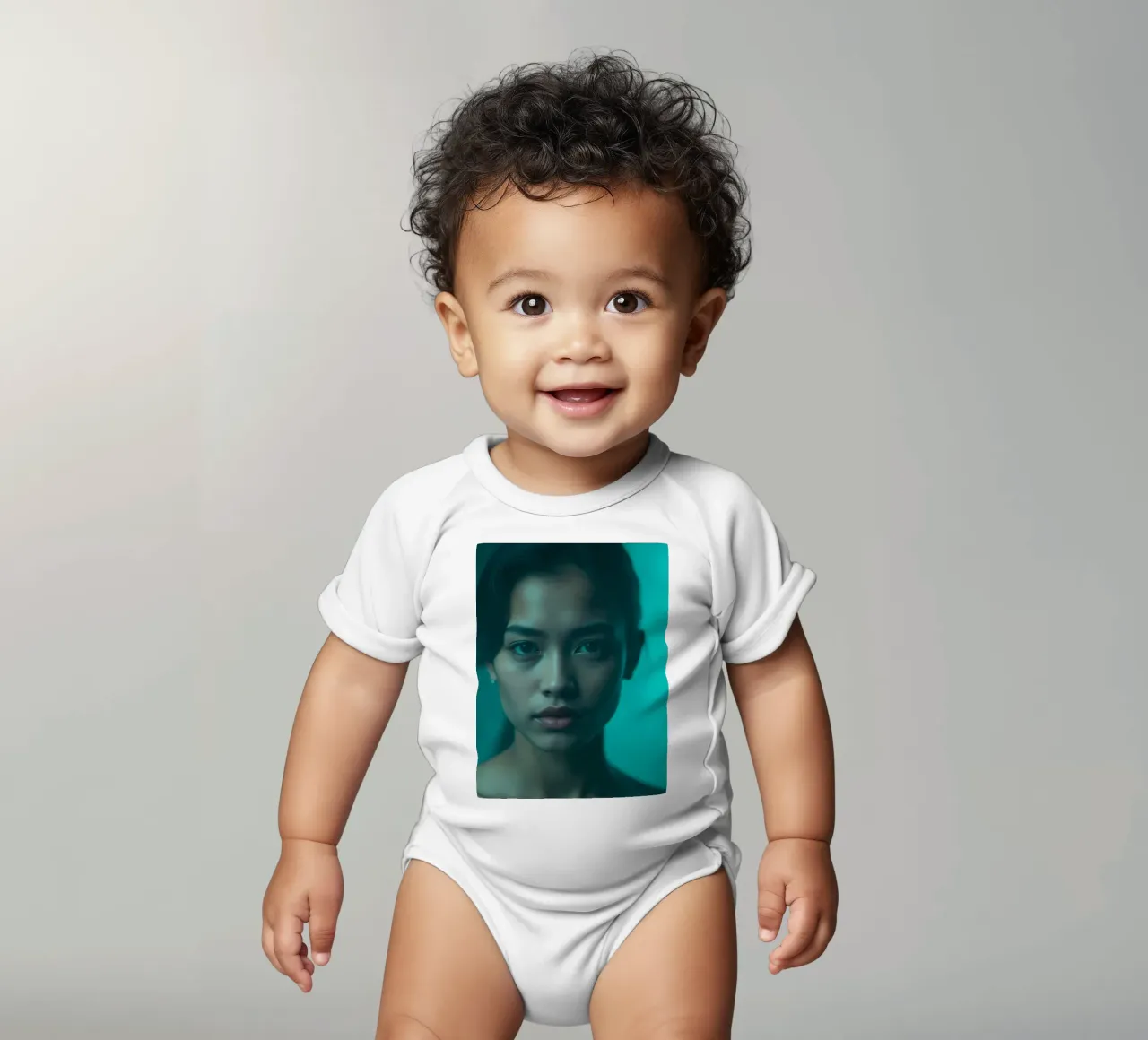 Intense portrait of a woman gazing directly into the camera short-sleeve baby romper by DesignDoodle