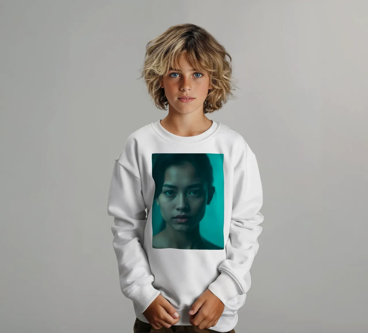 Intenso retrato de una mujer que mira directamente a la cámara sudadera para niño de DesignDoodle