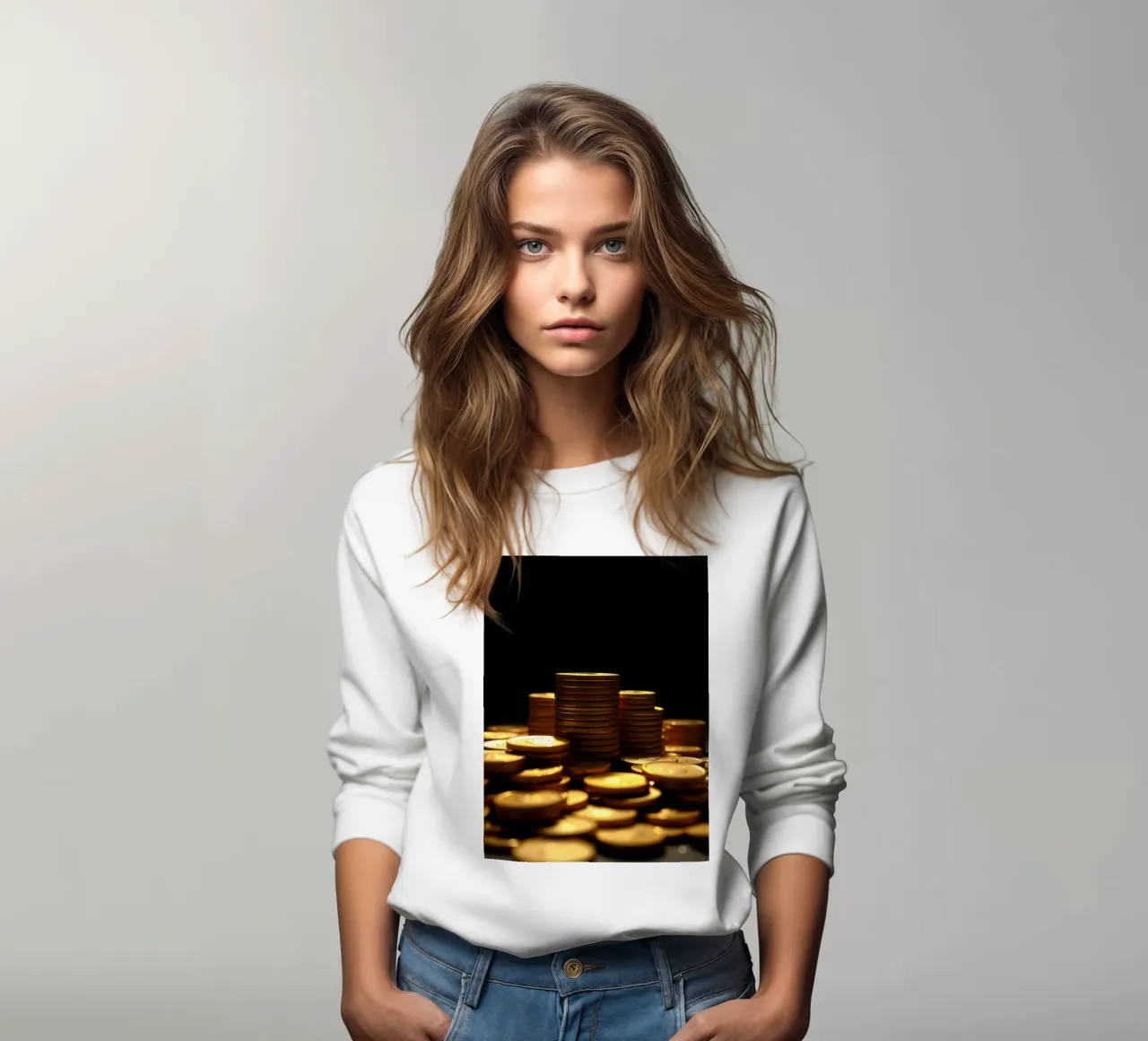 Stacks of shiny coins create a dramatic display sweatshirt by DesignDoodle