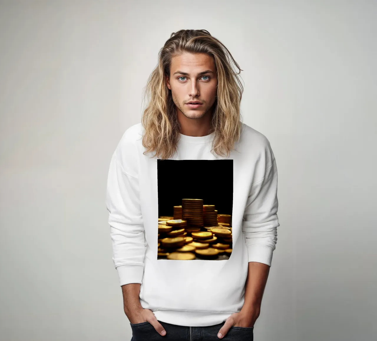 Stacks of shiny coins create a dramatic display sweatshirt by DesignDoodle