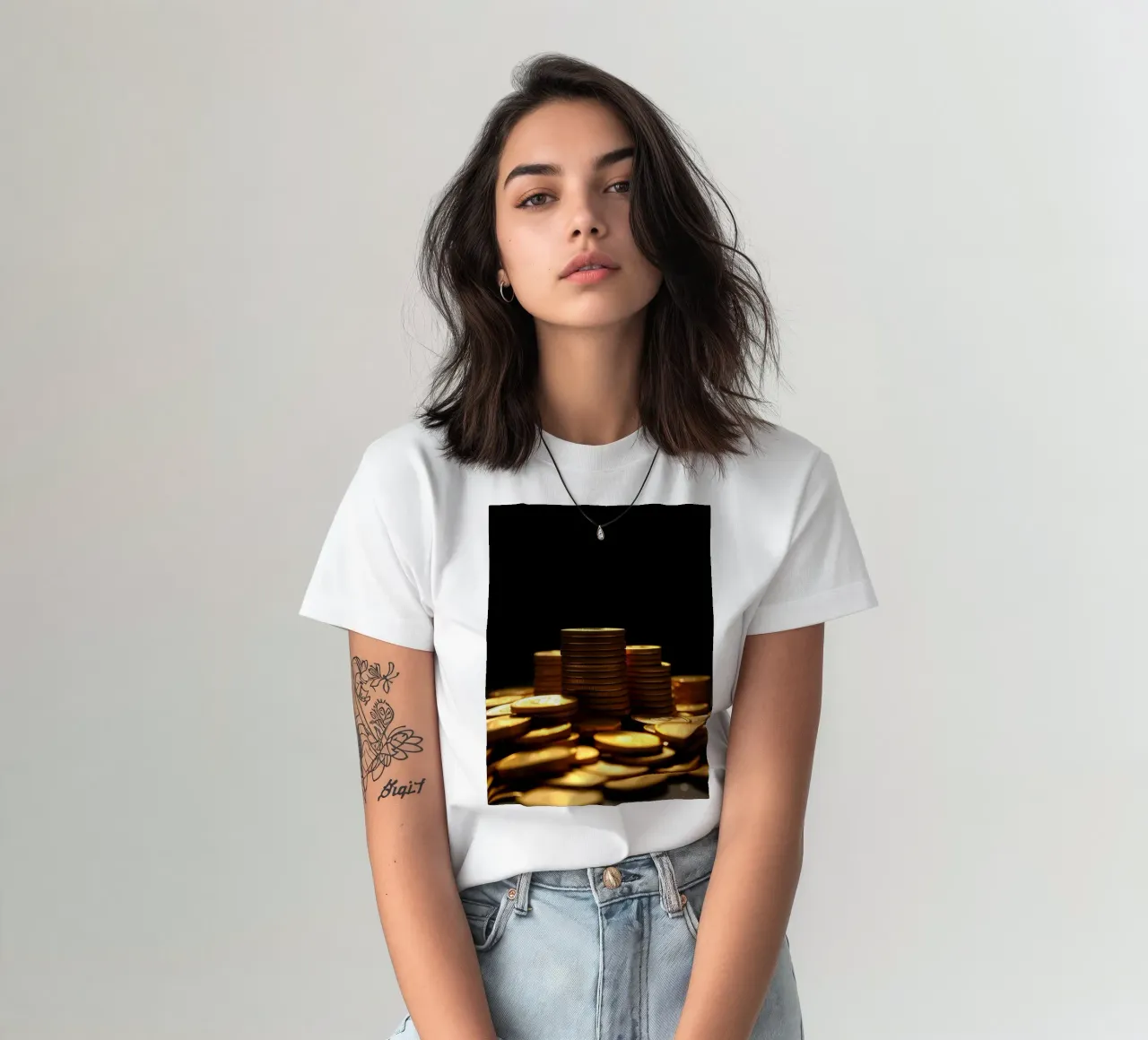 Stacks of shiny coins create a dramatic display t-shirt by DesignDoodle