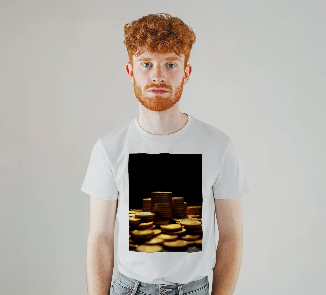 Stacks of shiny coins create a dramatic display t-shirt by DesignDoodle