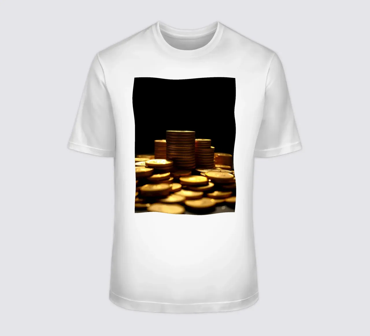 Stacks of shiny coins create a dramatic display t-shirt by DesignDoodle