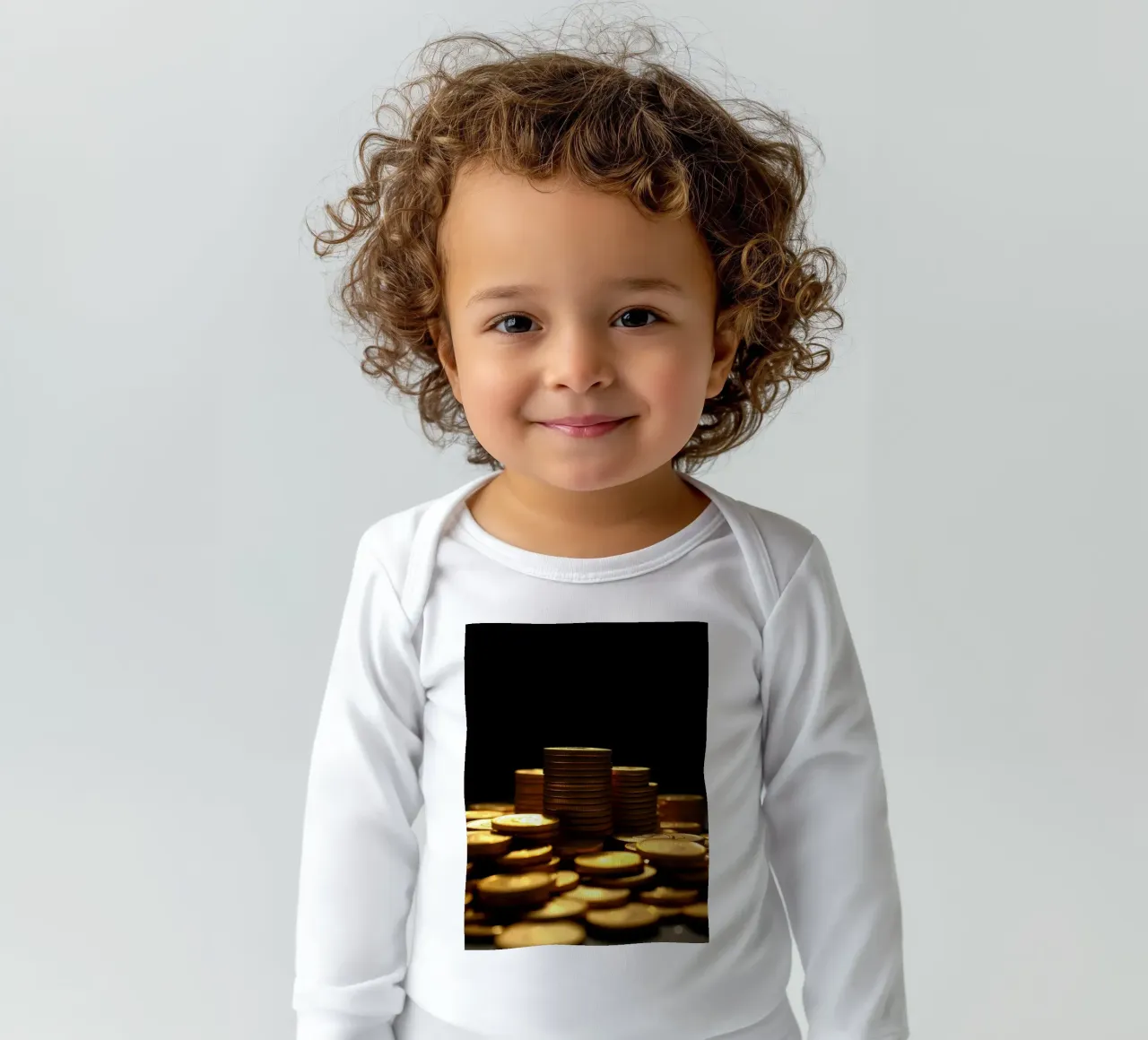 Stacks of shiny coins create a dramatic display long-sleeve baby romper by DesignDoodle