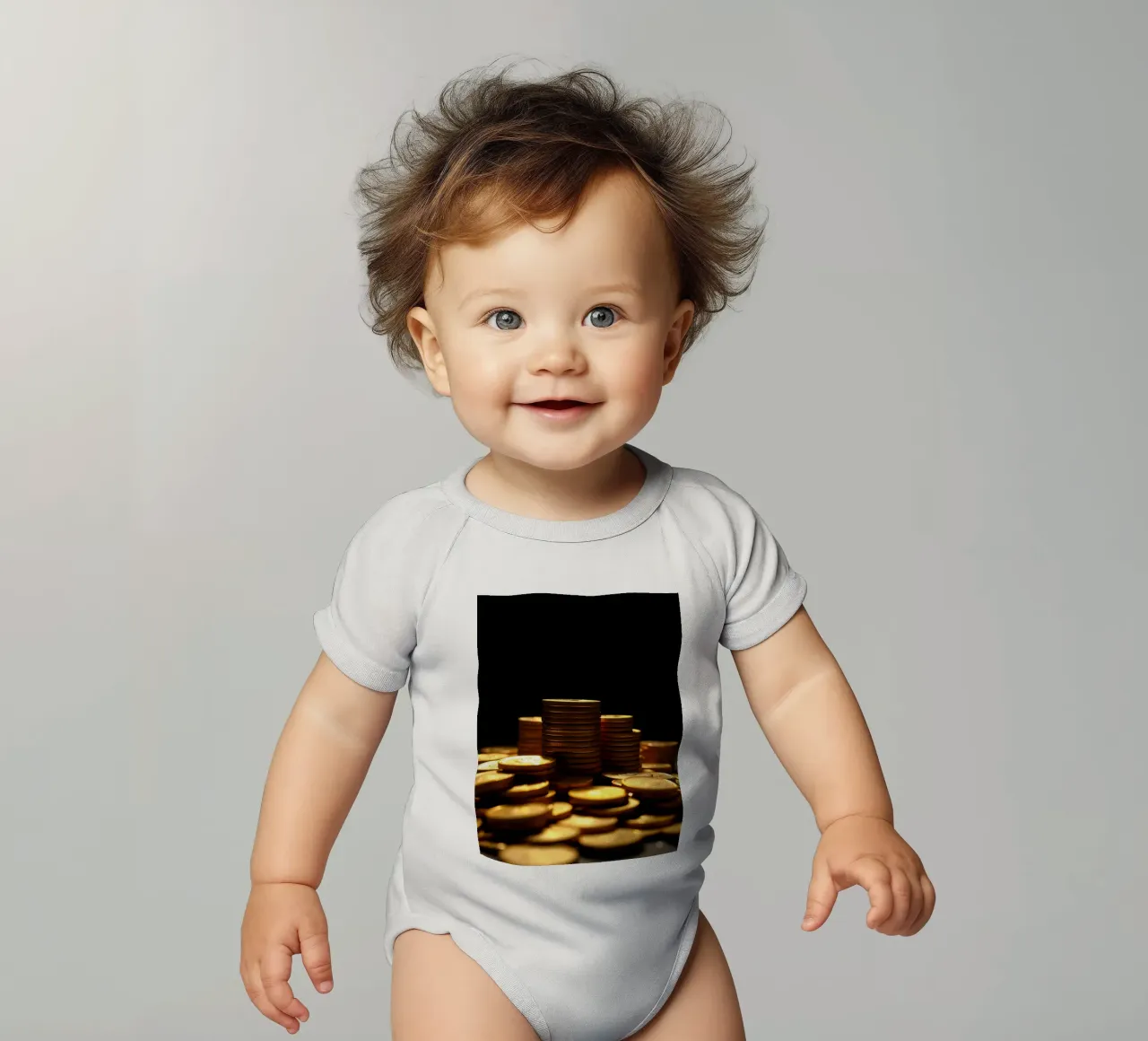 Stacks of shiny coins create a dramatic display short-sleeve baby romper by DesignDoodle