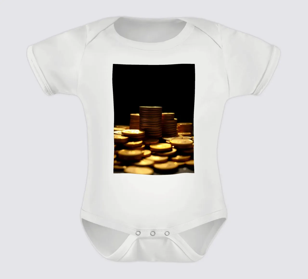 Stacks of shiny coins create a dramatic display short-sleeve baby romper by DesignDoodle
