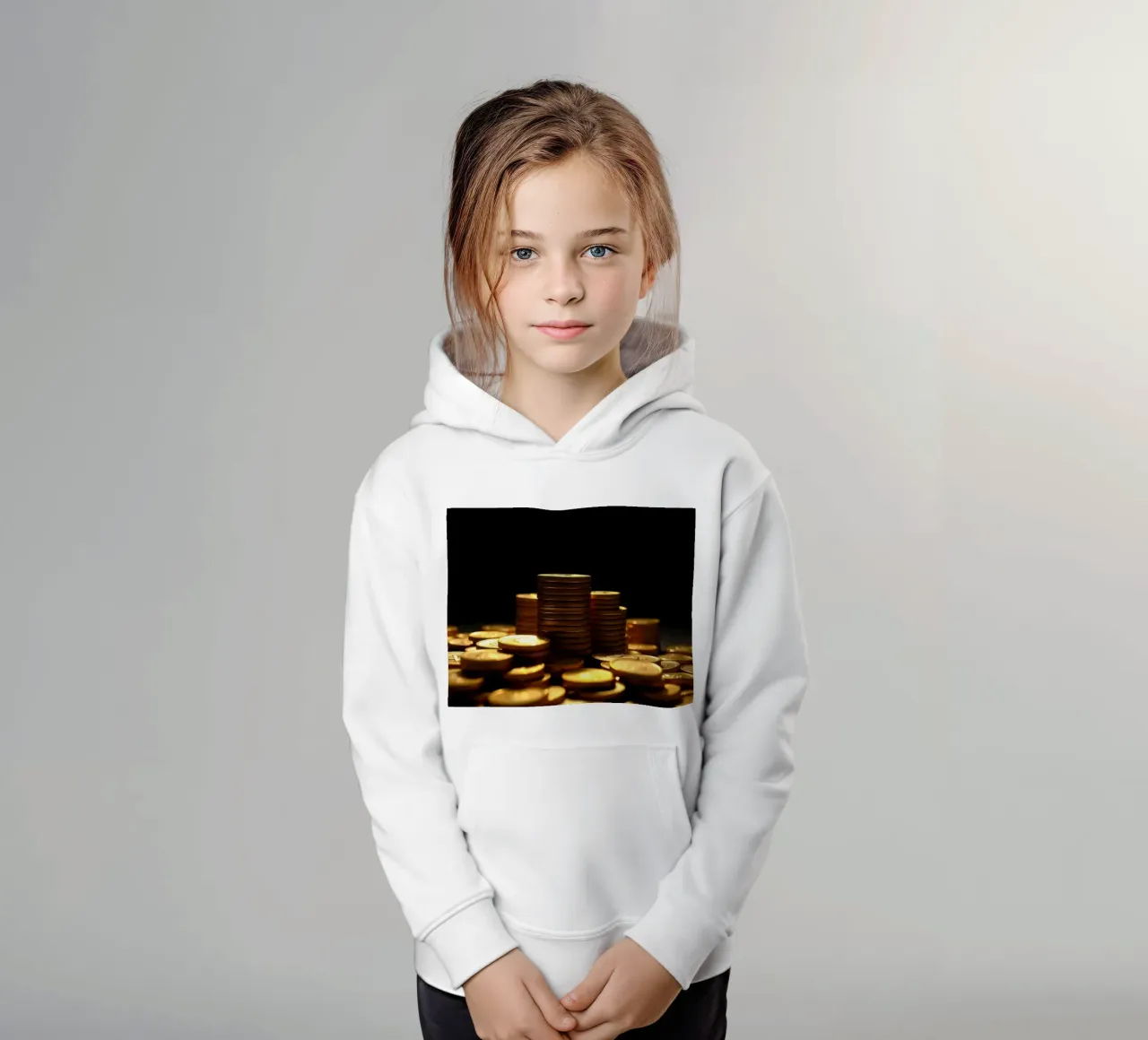 Stacks of shiny coins create a dramatic display kids hoodie by DesignDoodle