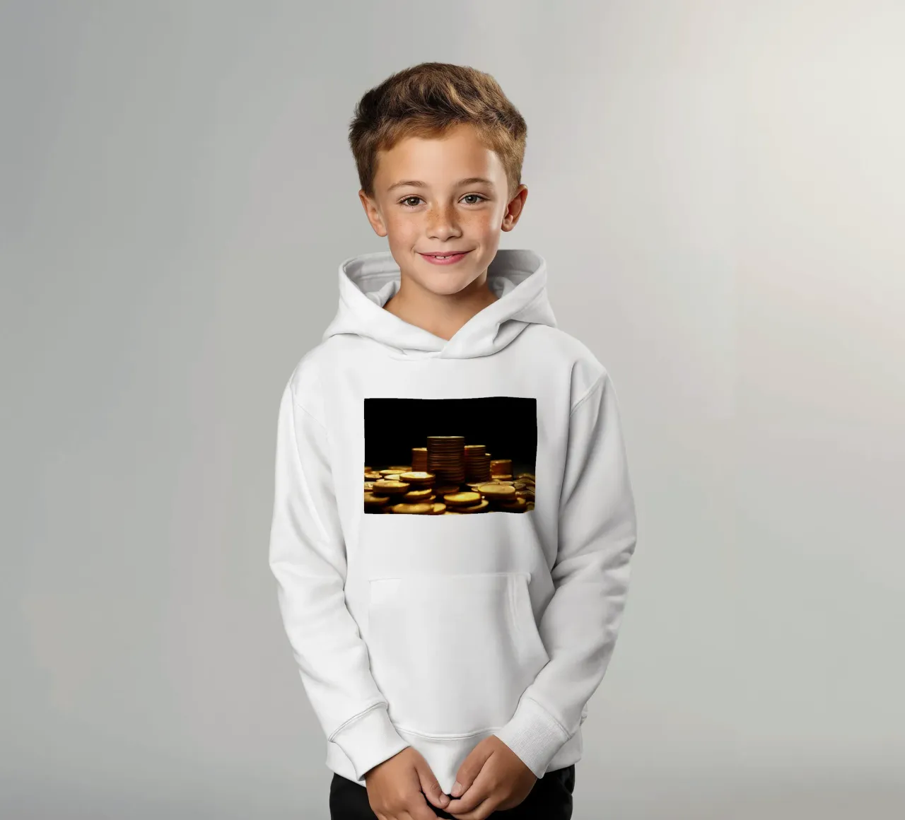 Stacks of shiny coins create a dramatic display kids hoodie by DesignDoodle