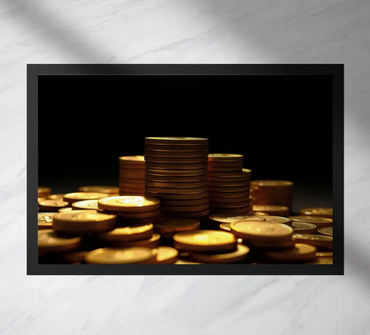 Stacks of shiny coins create a dramatic display doormat by DesignDoodle
