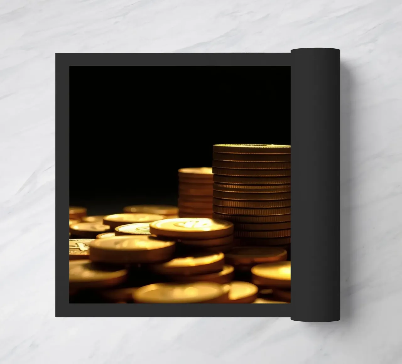 Stacks of shiny coins create a dramatic display doormat by DesignDoodle