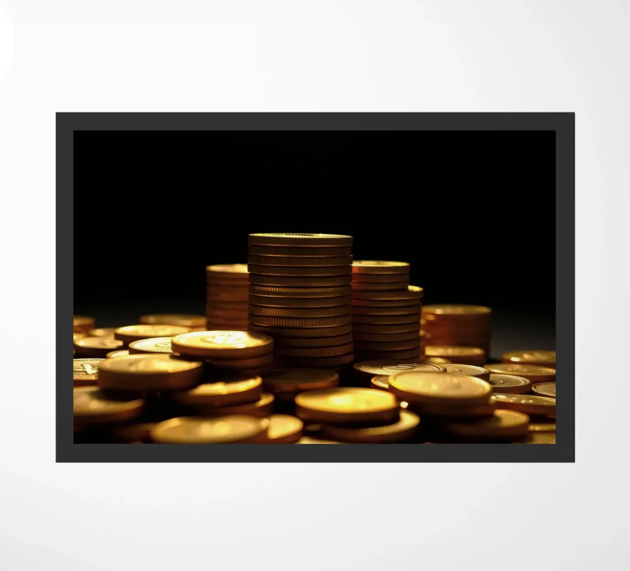 Stacks of shiny coins create a dramatic display doormat by DesignDoodle