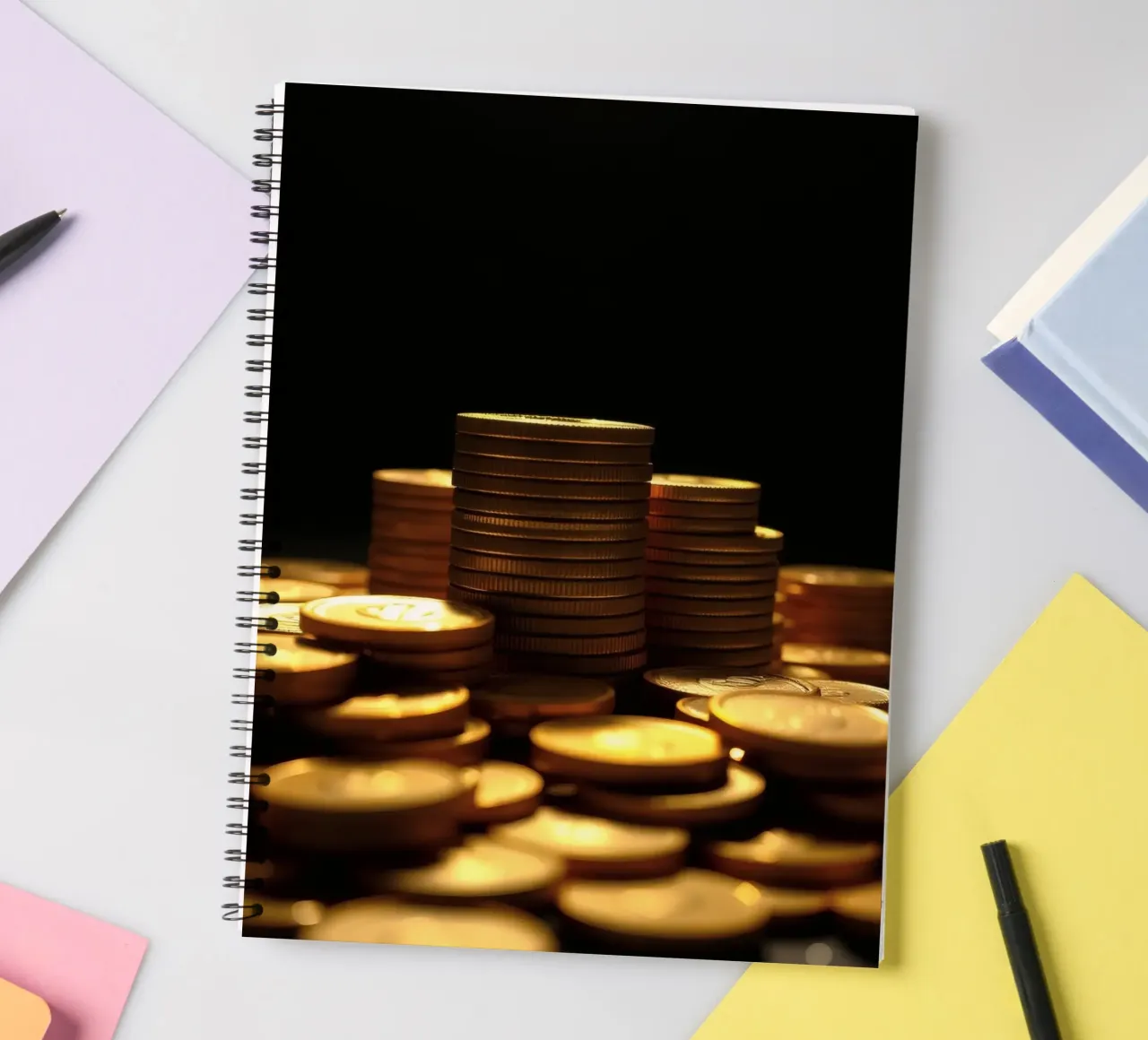 Stacks of shiny coins create a dramatic display spiral notebook by DesignDoodle