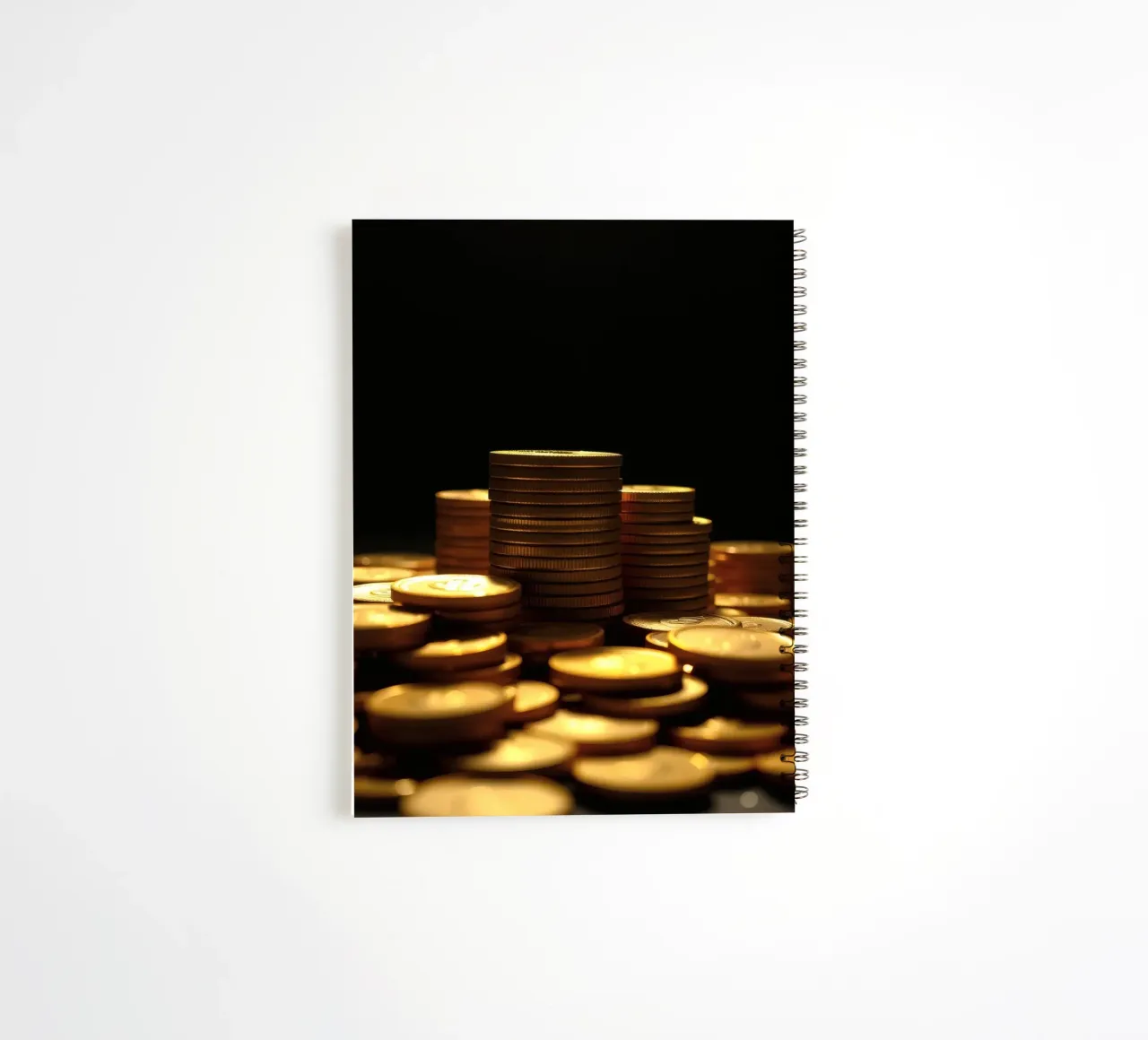 Stacks of shiny coins create a dramatic display spiral notebook by DesignDoodle