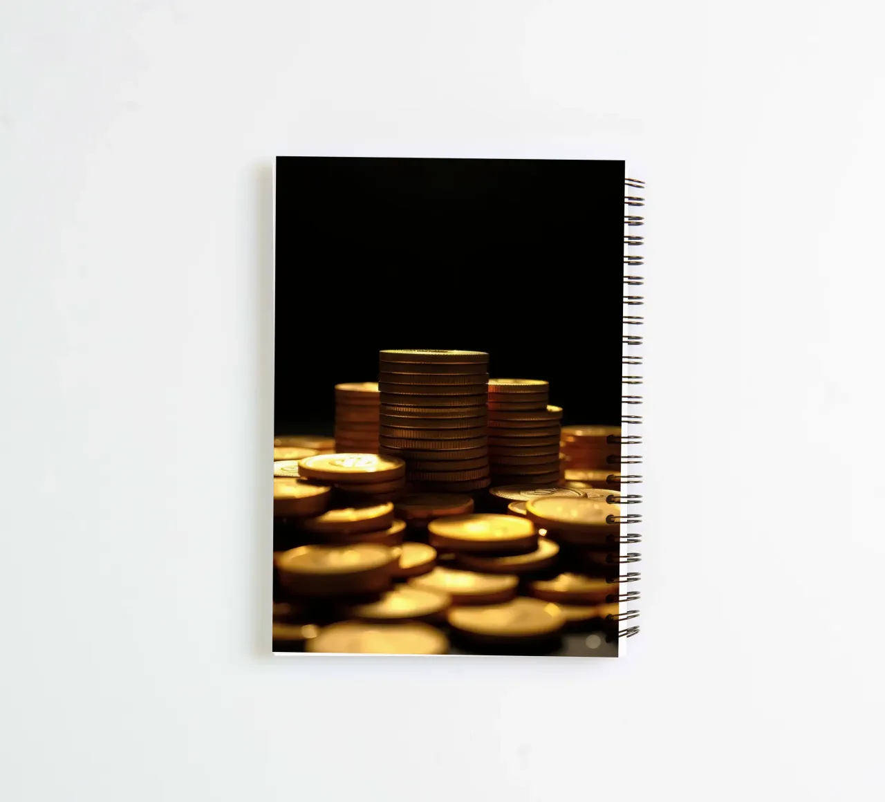 Stacks of shiny coins create a dramatic display spiral notebook by DesignDoodle