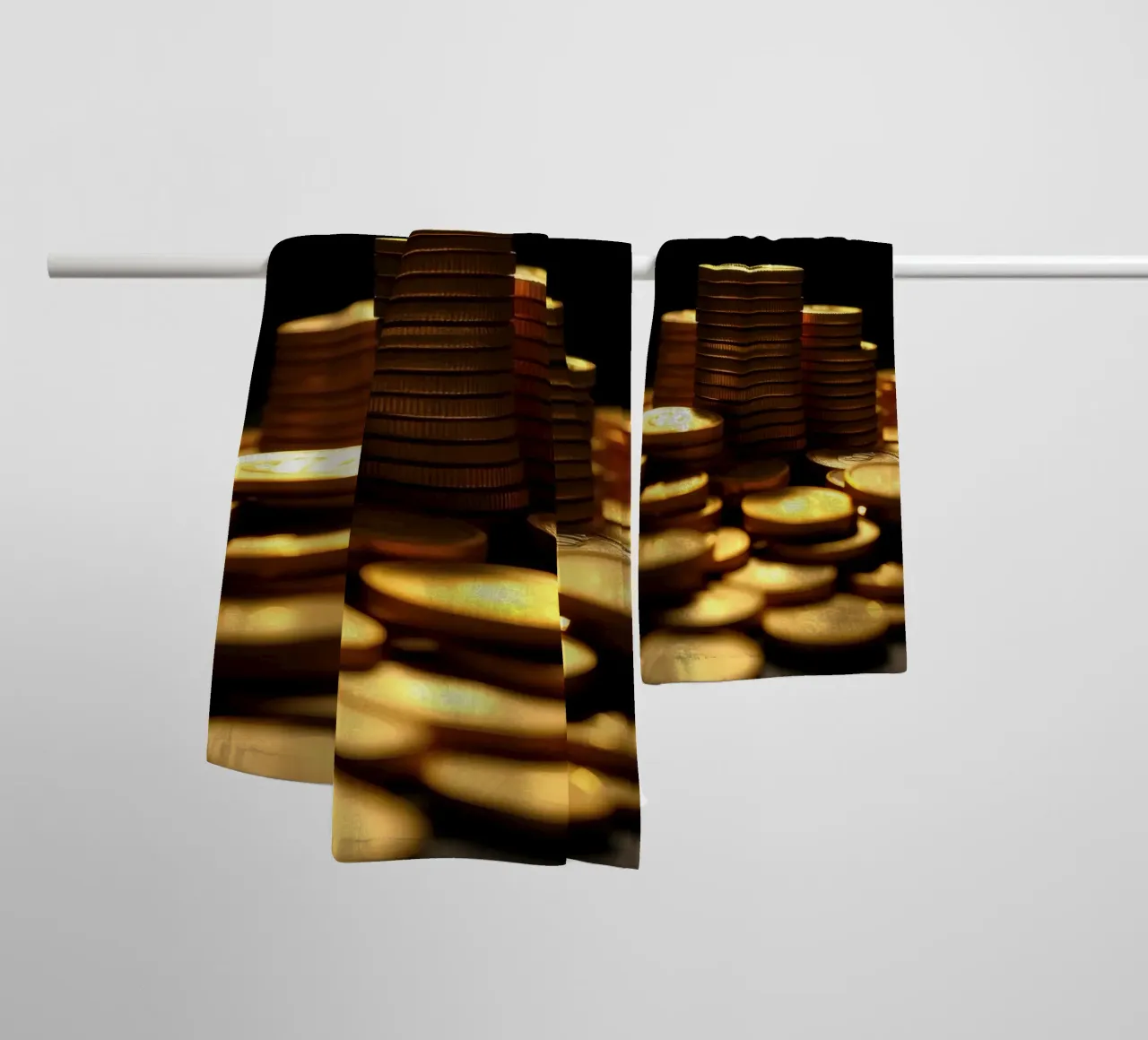 Stacks of shiny coins create a dramatic display towel by DesignDoodle