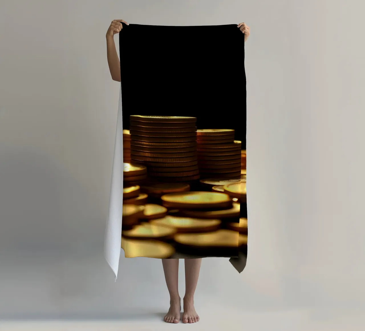 Stacks of shiny coins create a dramatic display beach towel by DesignDoodle