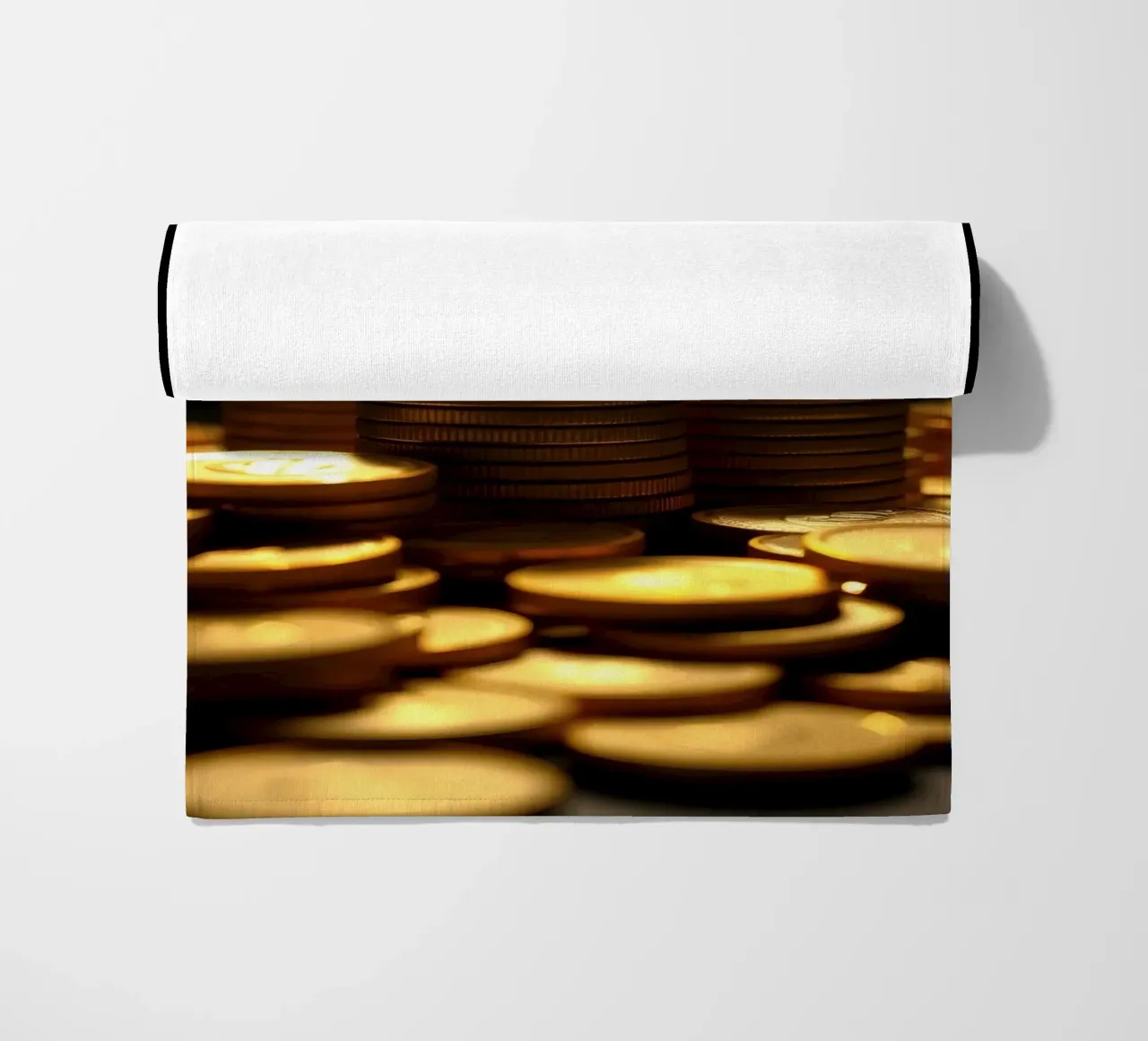 Stacks of shiny coins create a dramatic display beach towel by DesignDoodle