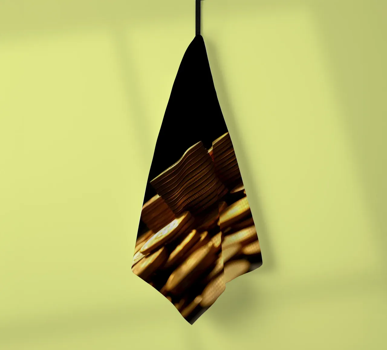 Stacks of shiny coins create a dramatic display tea towel by DesignDoodle