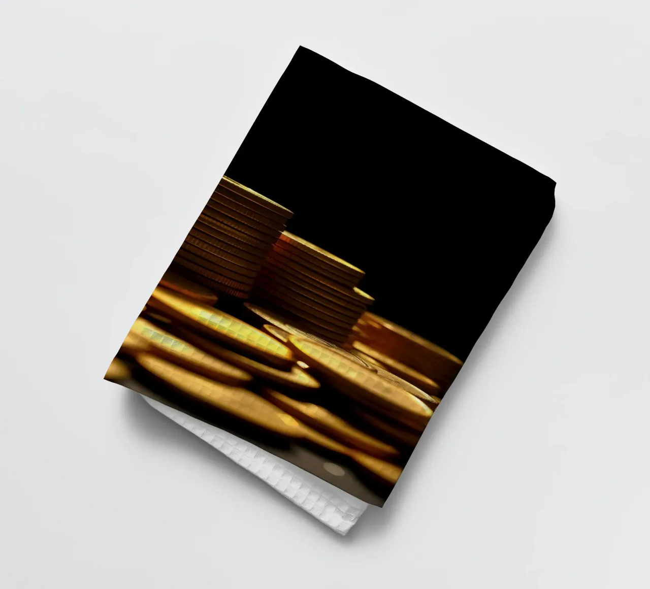 Stacks of shiny coins create a dramatic display tea towel by DesignDoodle