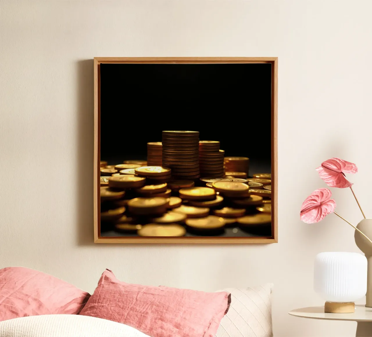 Stacks of shiny coins create a dramatic display canvas by DesignDoodle