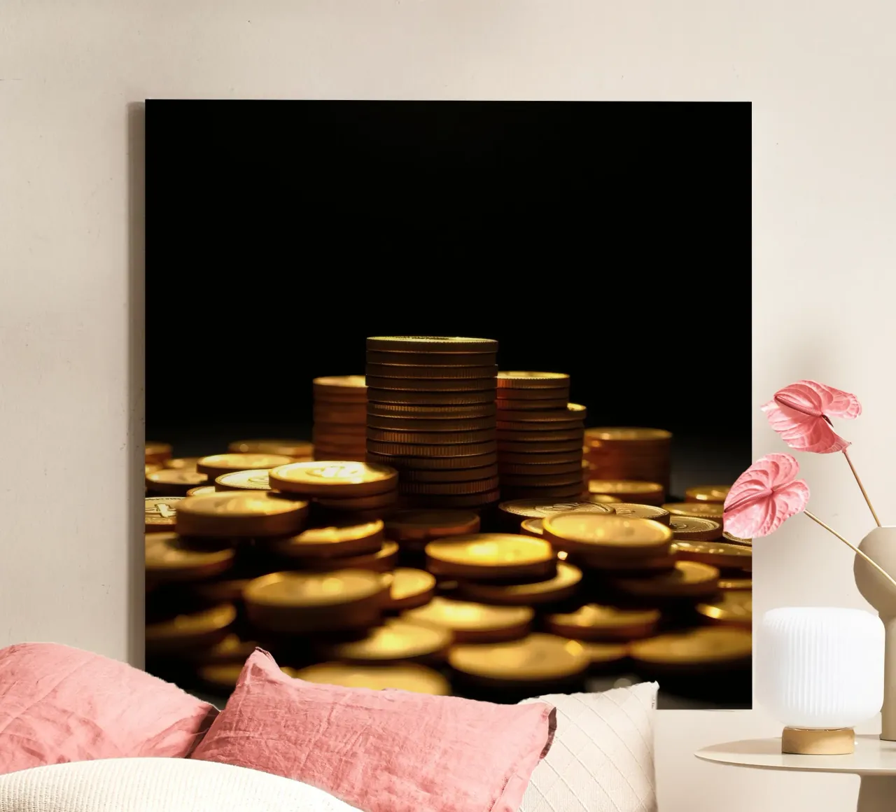 Stacks of shiny coins create a dramatic display canvas by DesignDoodle