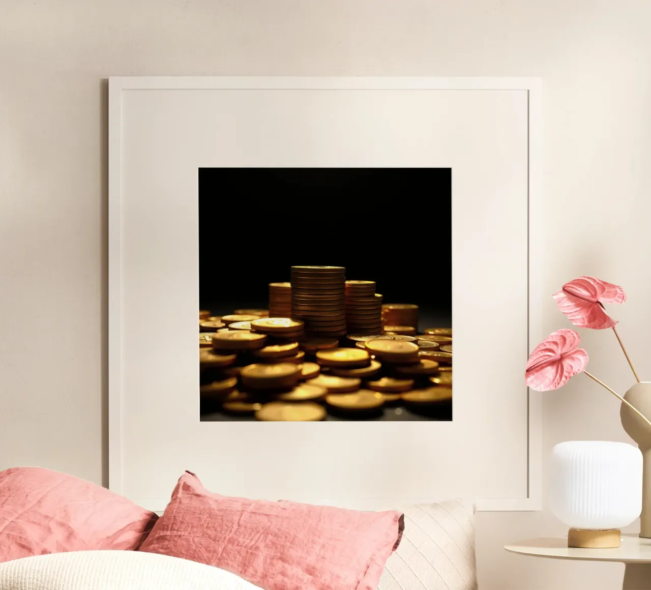 Stacks of shiny coins create a dramatic display hahnemühle by DesignDoodle