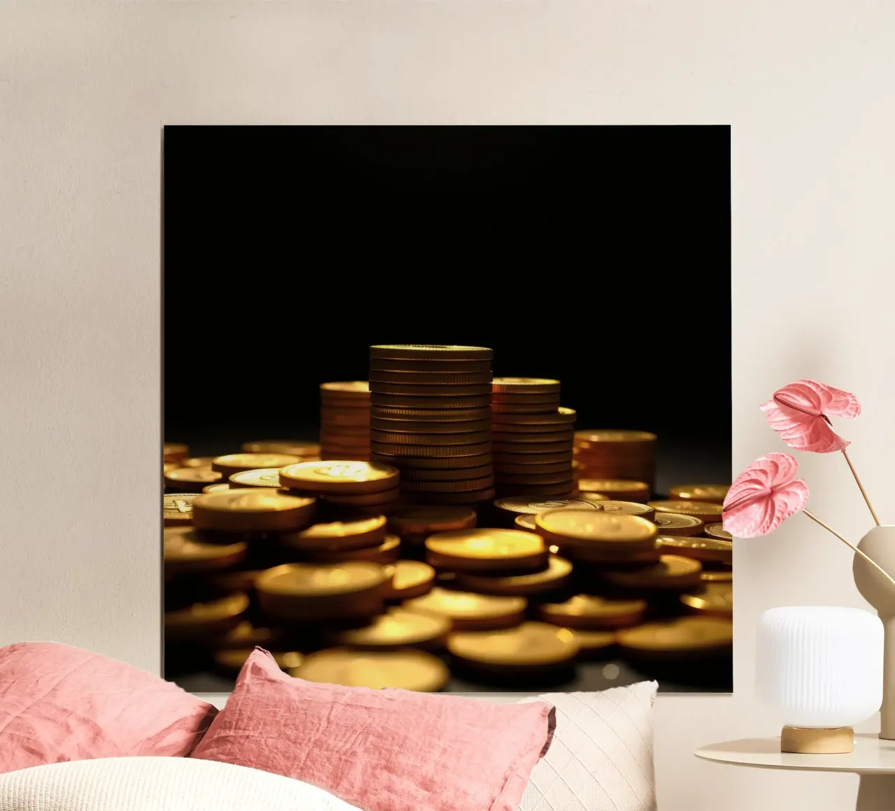Stacks of shiny coins create a dramatic display hahnemühle by DesignDoodle