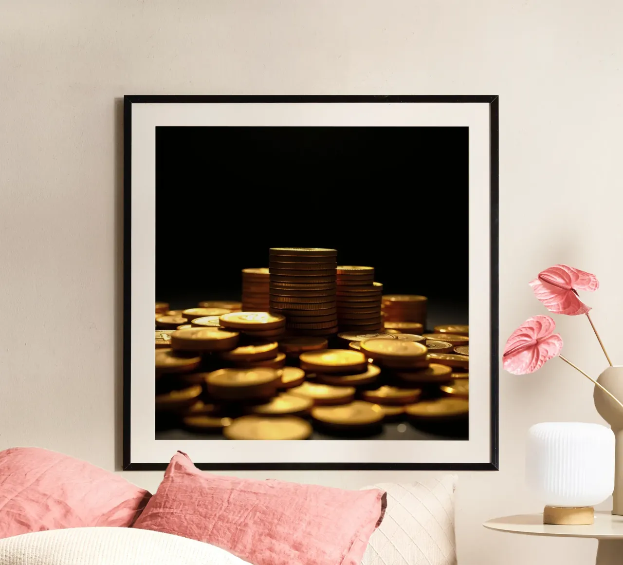 Stacks of shiny coins create a dramatic display hahnemühle by DesignDoodle