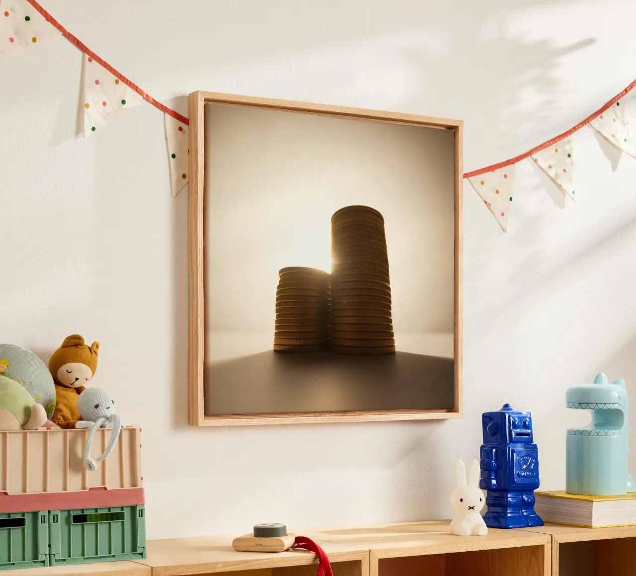 Stacks of coins glimmer highlighting investment and savings canvas with Floater frame by DesignDoodle