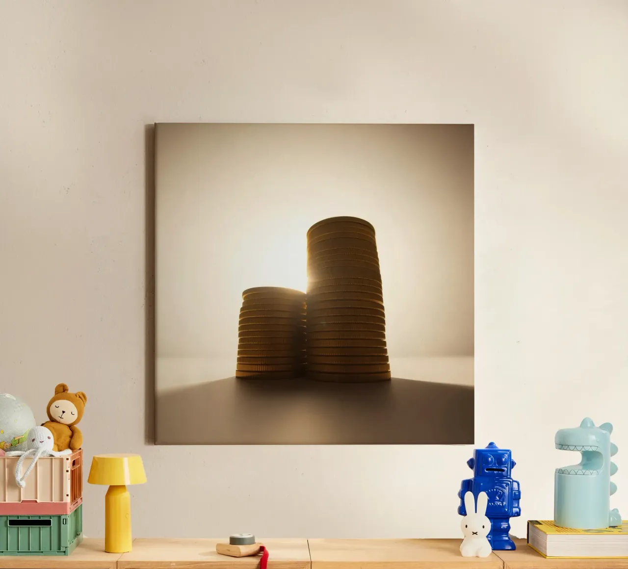 Stacks of coins glimmer highlighting investment and savings canvas with Floater frame by DesignDoodle