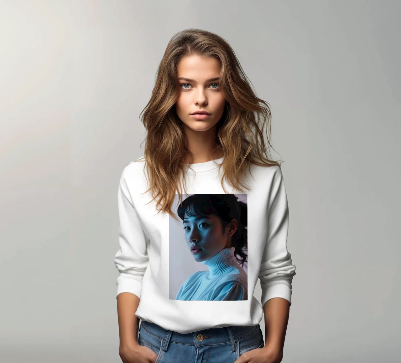 Frau posiert nachdenklich in weicher Beleuchtung mit Pastellfarben Sweatshirt von DesignDoodle