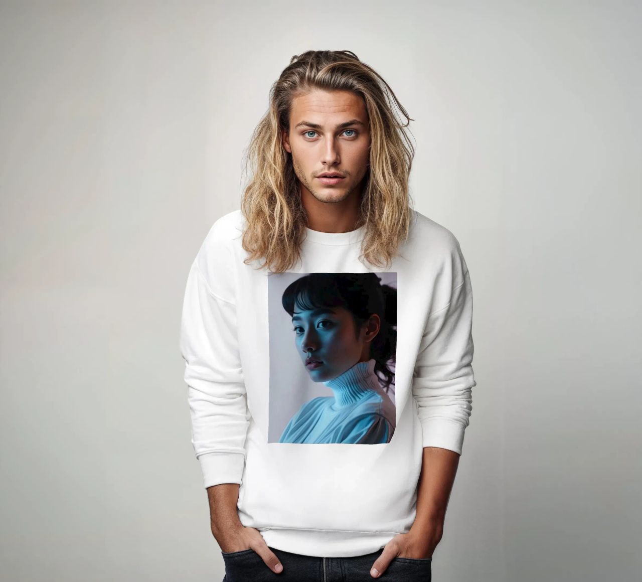 Frau posiert nachdenklich in weicher Beleuchtung mit Pastellfarben Sweatshirt von DesignDoodle