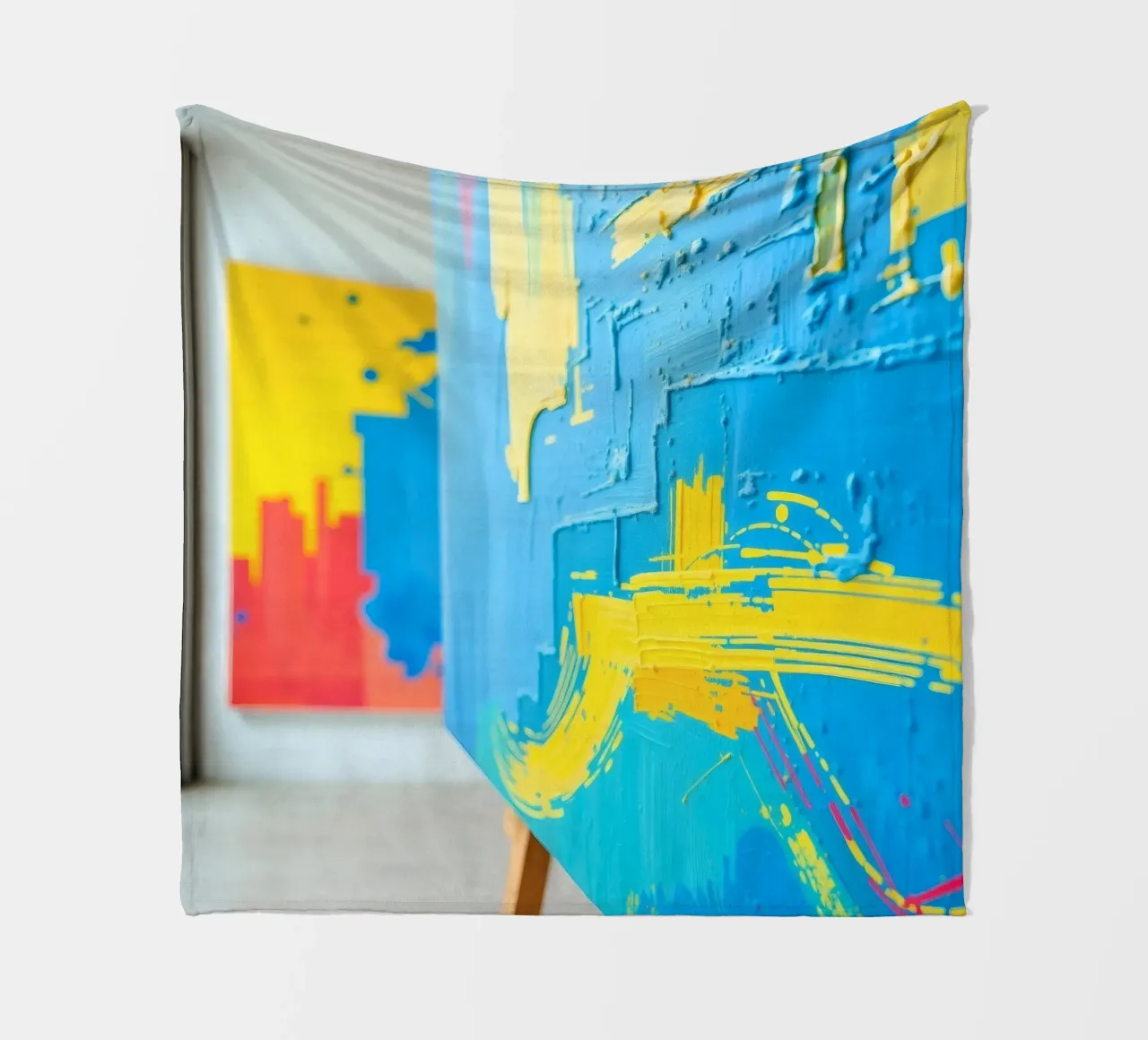 Bright abstract art displayed in a modern gallery fleece blanket by DesignDoodle