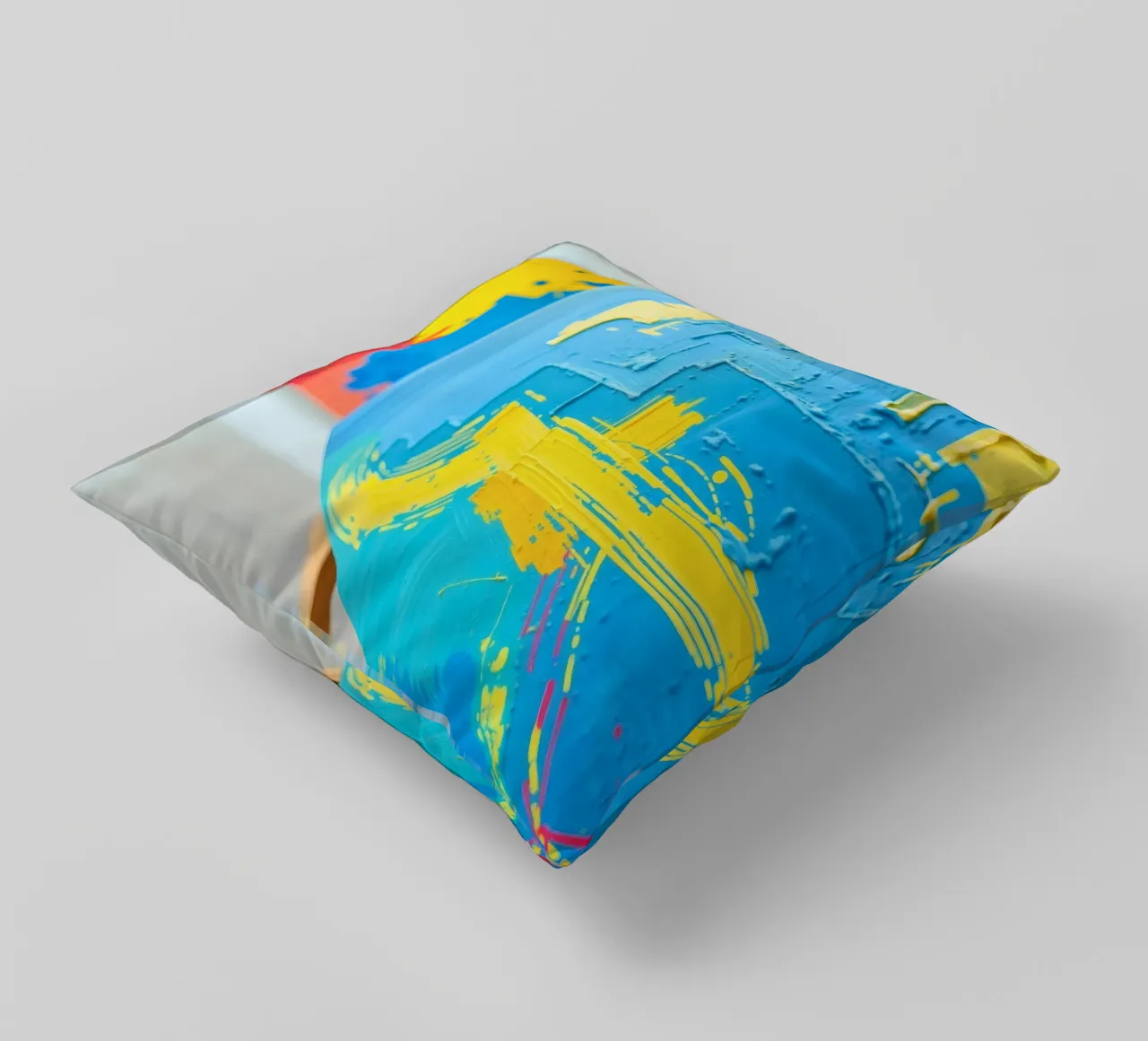 Bright abstract art displayed in a modern gallery decorative cushion by DesignDoodle