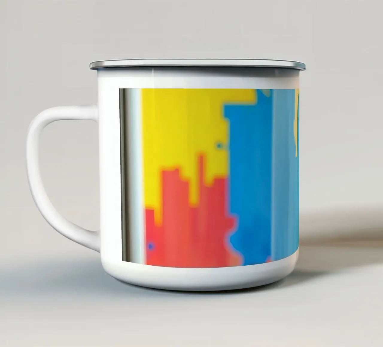Bright abstract art displayed in a modern gallery enamel mug by DesignDoodle