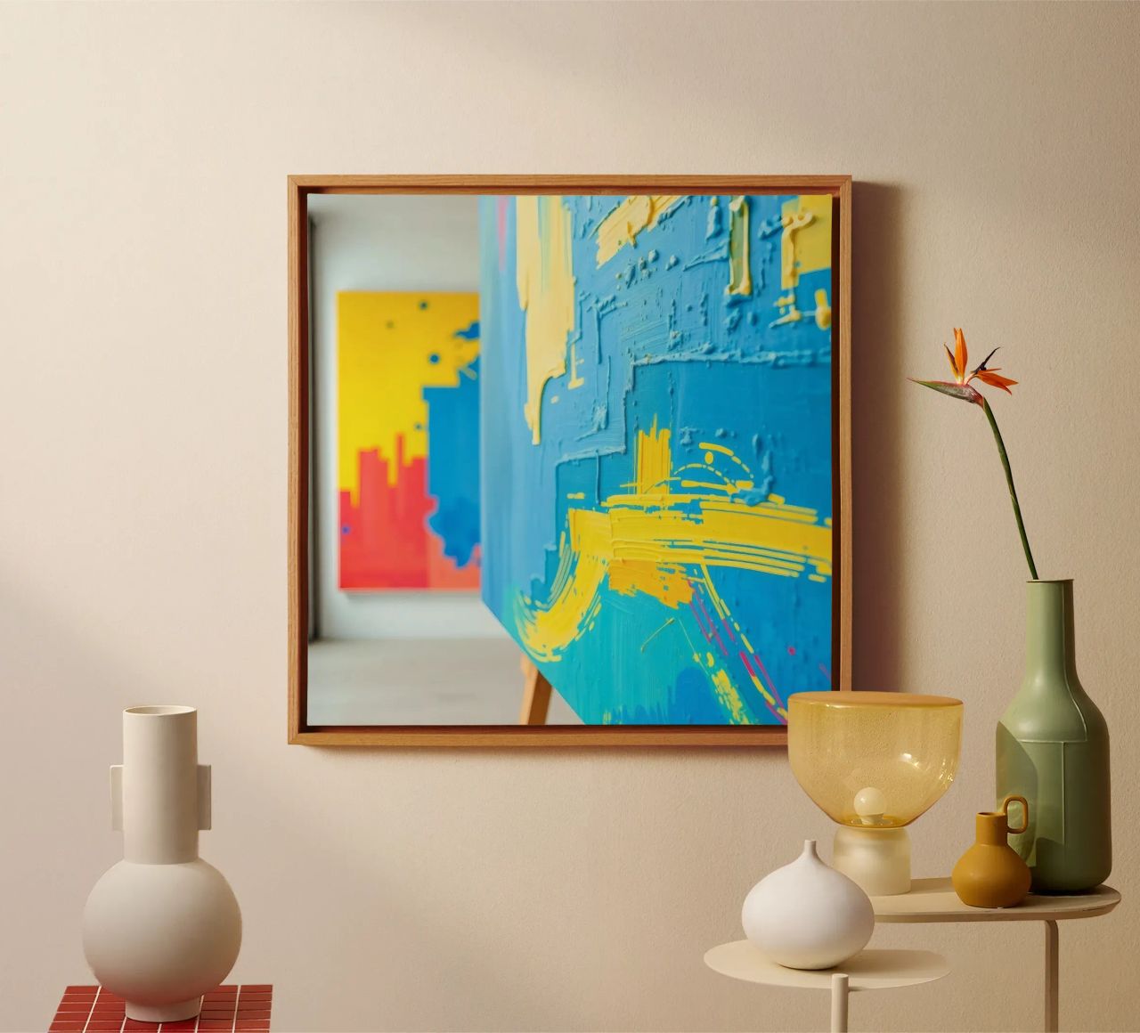 Bright abstract art displayed in a modern gallery canvas by DesignDoodle