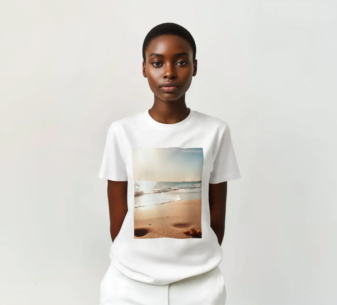 Zonsondergang over rustig strand met goudkleurig zand en zachte golven t-shirt van DesignDoodle