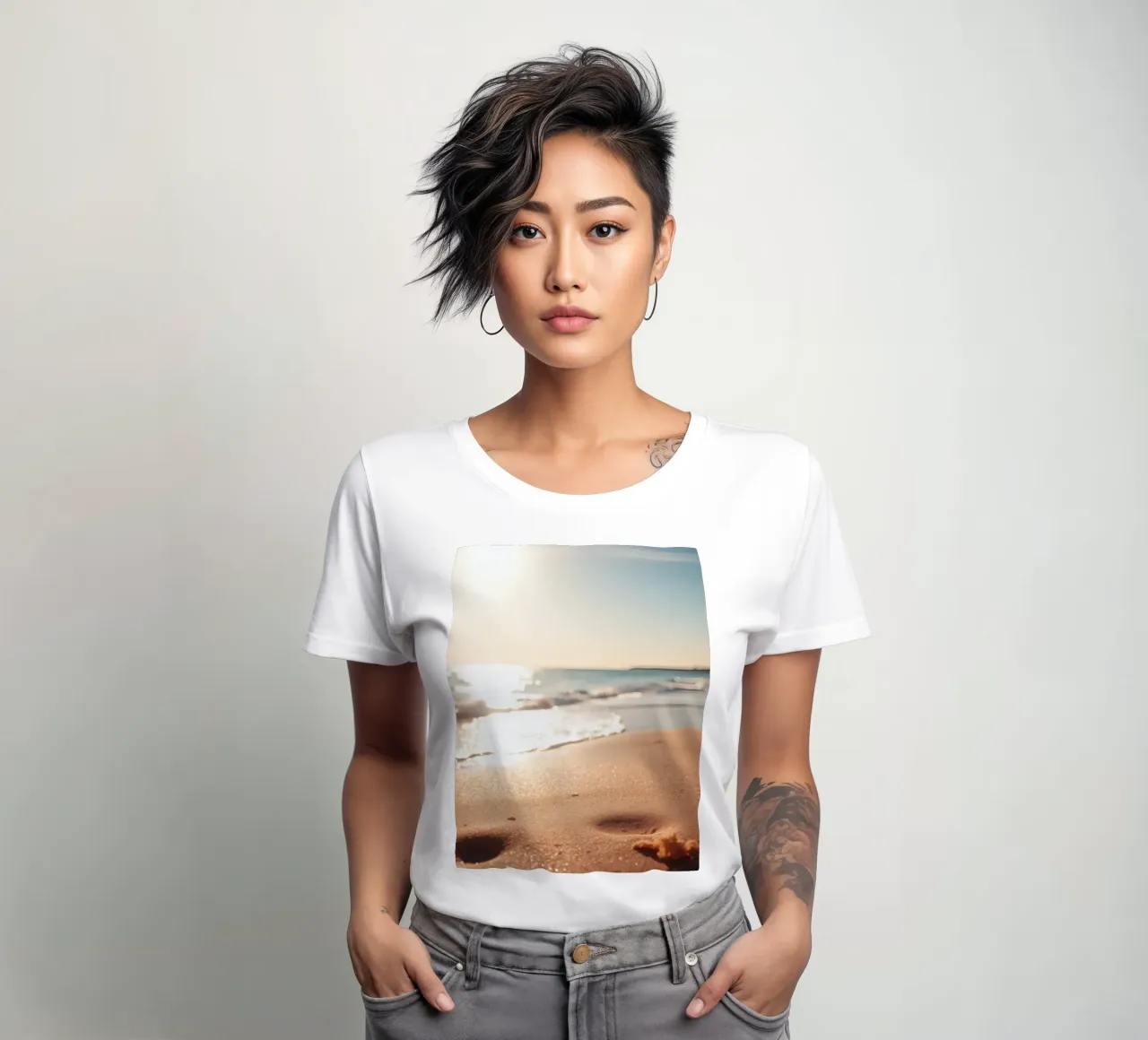 Zonsondergang over rustig strand met goudkleurig zand en zachte golven dames t-shirt getailleerd van DesignDoodle