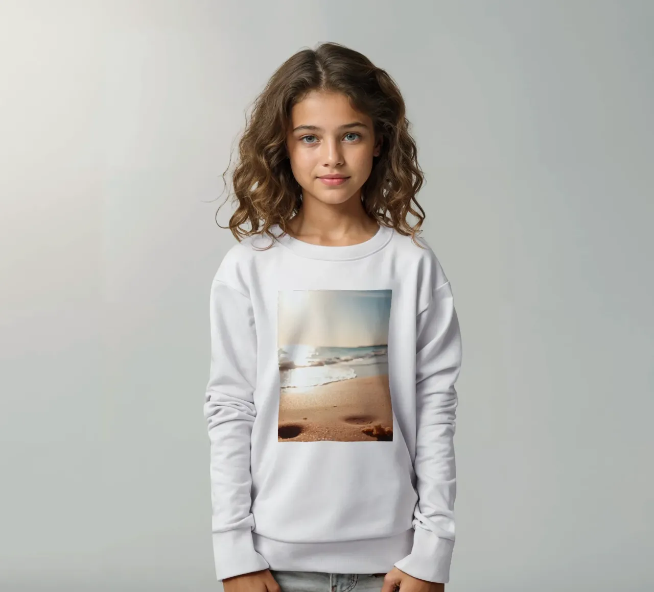 Zonsondergang over rustig strand met goudkleurig zand en zachte golven kinder sweatshirt van DesignDoodle