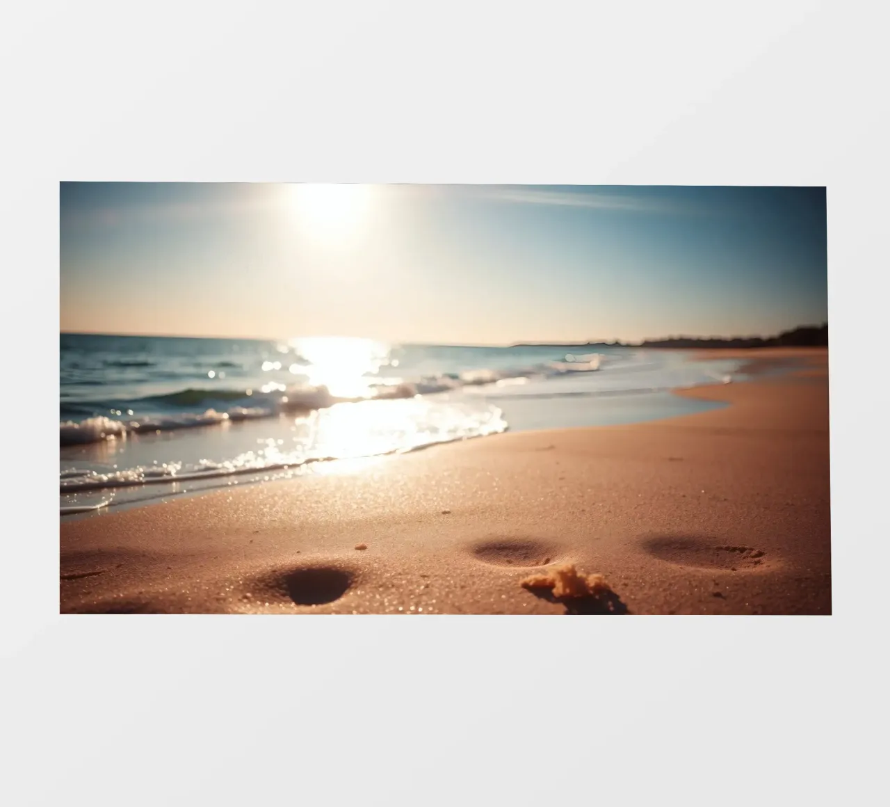Zonsondergang over rustig strand met goudkleurig zand en zachte golven pvc-zeil van DesignDoodle