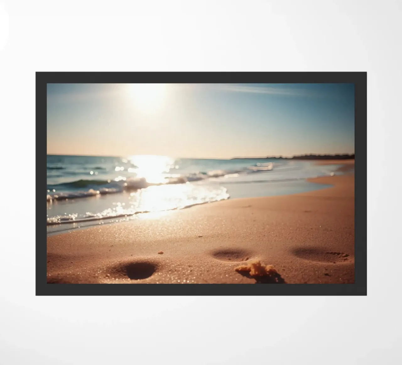 Zonsondergang over rustig strand met goudkleurig zand en zachte golven deurmat van DesignDoodle