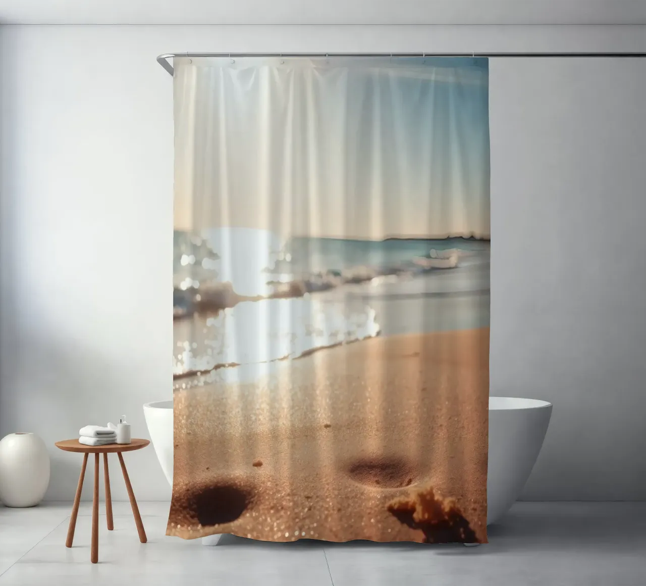 Zonsondergang over rustig strand met goudkleurig zand en zachte golven douchegordijn van DesignDoodle
